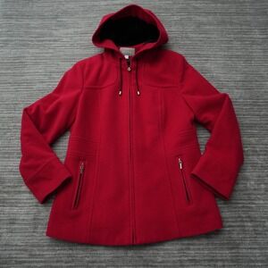 Croft & BarrowWool Coat with Hood Women Red Full Zip 2 Zippered Pockets XL